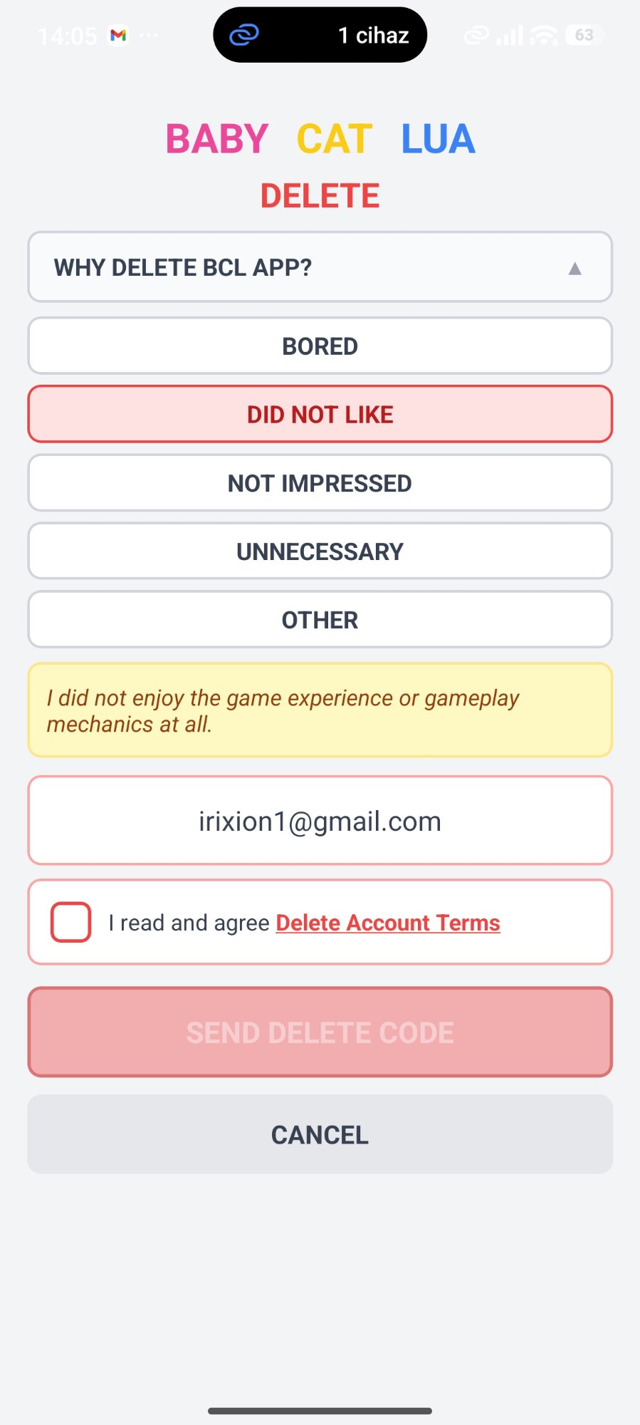 Delete account screen